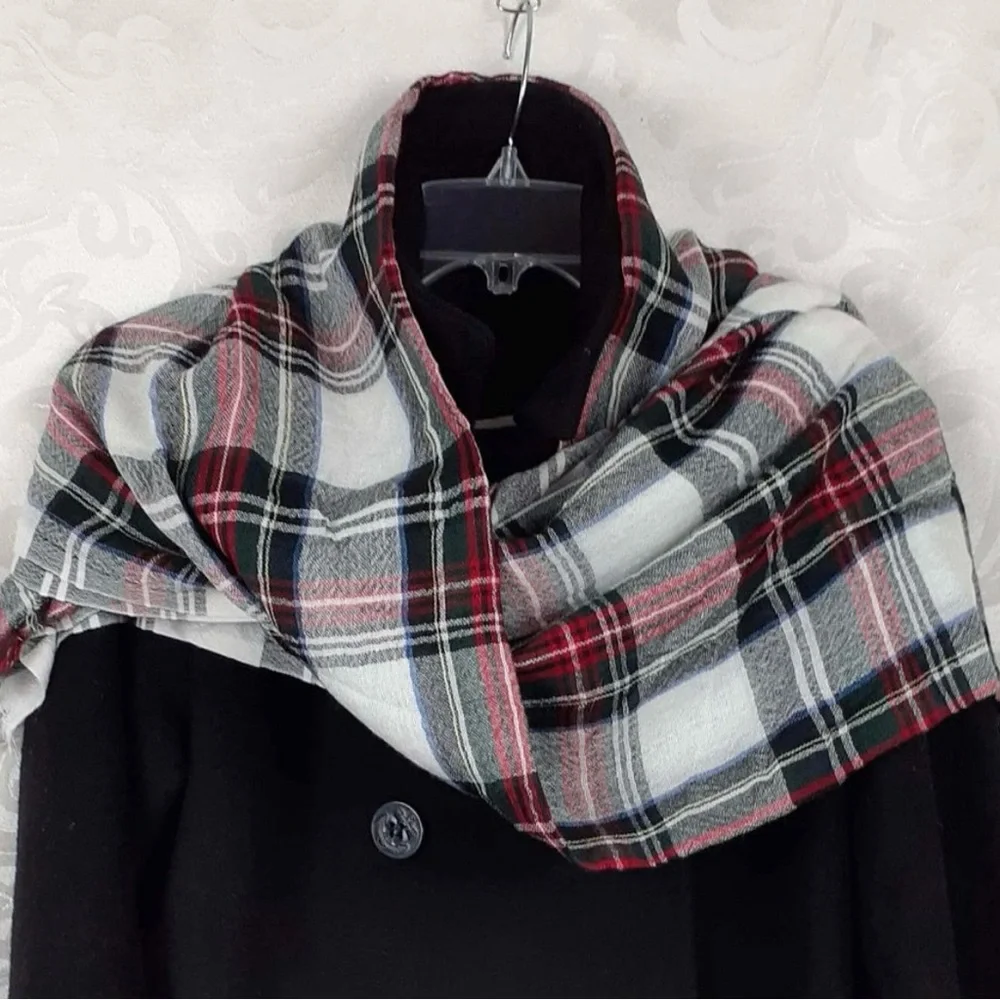 Naturally Knotty Red Black White & Blue Tartan Plaid Scarf Shawl Coverup